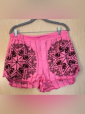 Free People Pink Embroidered Shorts Cotton Linen Blend